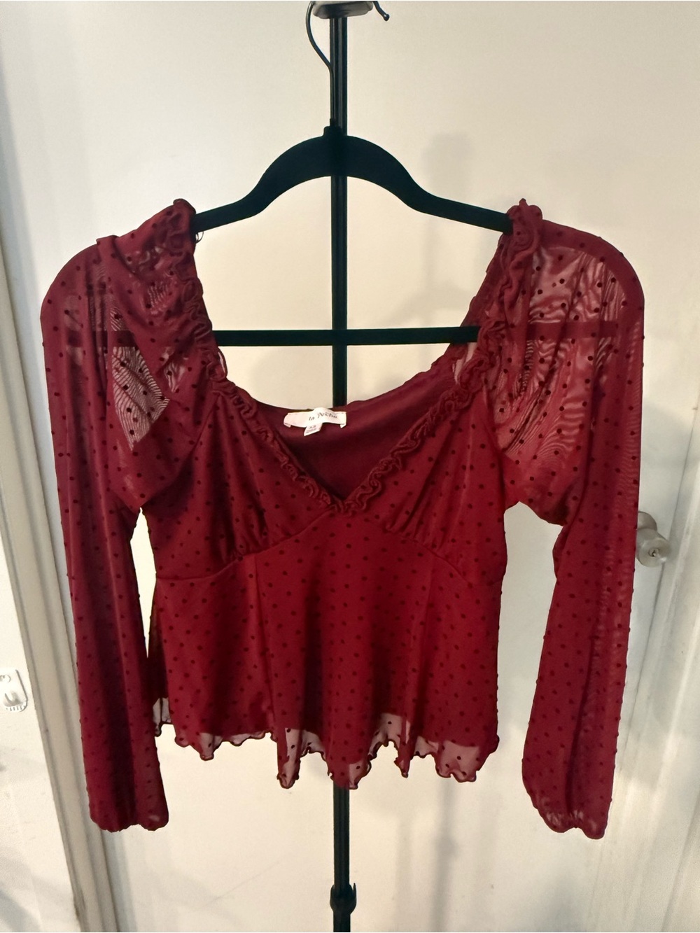 Sheer Burgundy Dotted Long-Sleeve Peasant Top